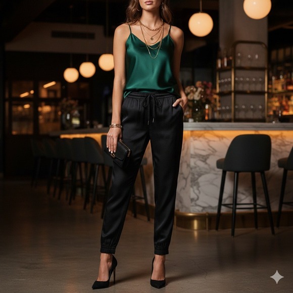 HAUTE HIPPIE Silk Drawstring Joggers Black Luxe Boho Soft Pants XS Small $320 - Picture 4 of 7